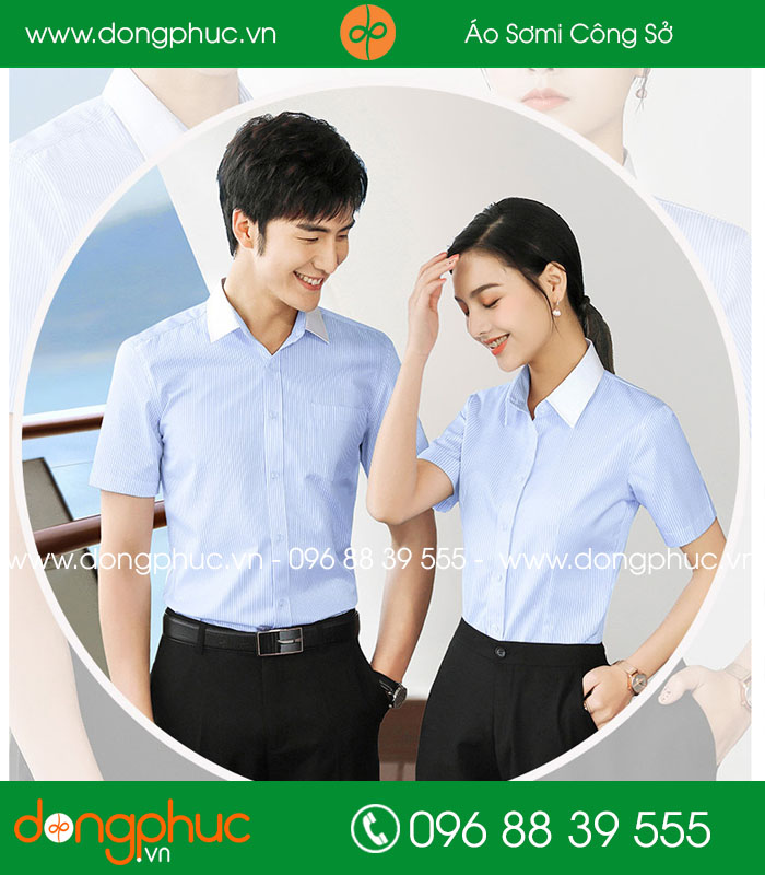  Đồng phục áo sơ mi kẻ màu xanh dương cộc tay
